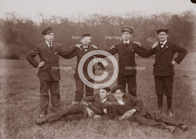 Untitled (six boys and boy with bicycle in background, neg. #22), between 1910 & 1935, printed c1975 Creator: Wendell Hotter.