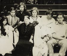 Untitled (Stieglitz's mother Hedwig with grandchildren on Oaklawn steps), c. 1916. Creator: Alfred Stieglitz