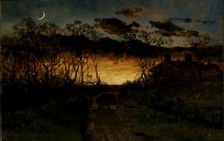 Untitled (sunset with quarter moon and farmhouse), 1883. Creator: Edward Mitchell Bannister