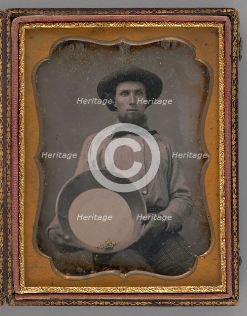 Untitled (Portrait of a Man Wearing a Hat, Holding a Mining Pan), 1854. Creator: Unknown.