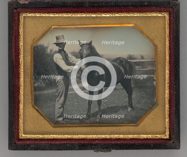 Untitled (Portrait of a Man Wearing a Top Hat Standing Next to a Horse), 1850s. Creator: Unknown.