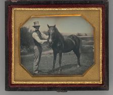 Untitled (Portrait of a Man Wearing a Top Hat Standing Next to a Horse), 1850s. Creator: Unknown