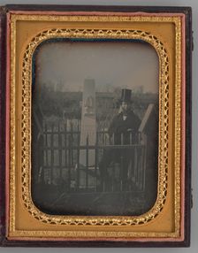 Untitled (Portrait of a Man with a Top Hat Standing next to a Gravestone), 1853. Creator: Unknown