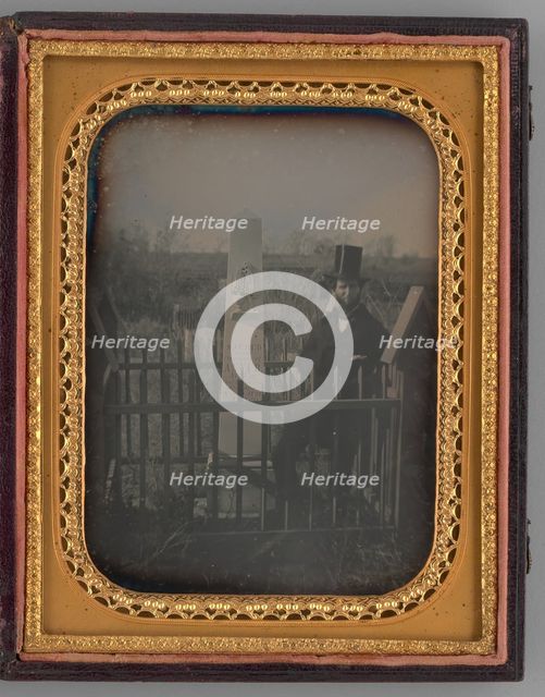 Untitled (Portrait of a Man with a Top Hat Standing next to a Gravestone), 1853. Creator: Unknown.