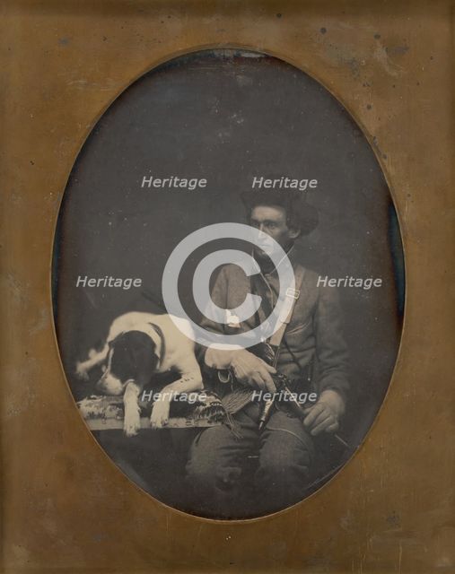 Untitled (Portrait of a Seated Man in Soldier Uniform with a Dog Lying to the Left of him), 1855. Creator: Unknown.