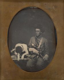 Untitled (Portrait of a Seated Man in Soldier Uniform with a Dog Lying to the Left of him), 1855. Creator: Unknown