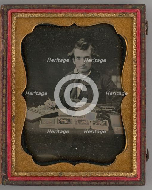 Untitled (Portrait of Seated Man Holding a Daguerreotype and Brush), 1865. Creator: Samuel J. Miller.