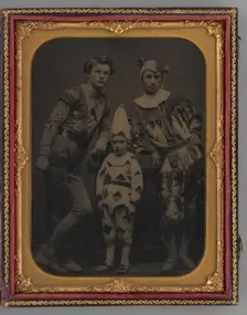 Untitled (Portrait of two Men and one Boy, Dressed in Clown Costumes), 1865. Creator: Unknown