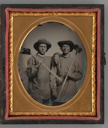 Untitled (Portrait of Two Men Holding Shovels), 1868. Creator: Unknown