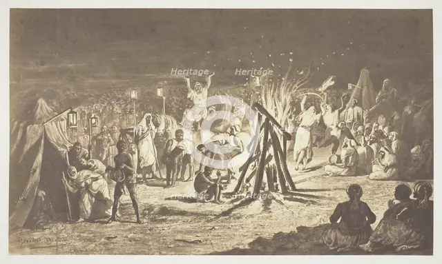 Untitled [Painting of The Campfires at Camp de Chalons by Bénédict Masson], 1857.  Creator: Gustave Le Gray.