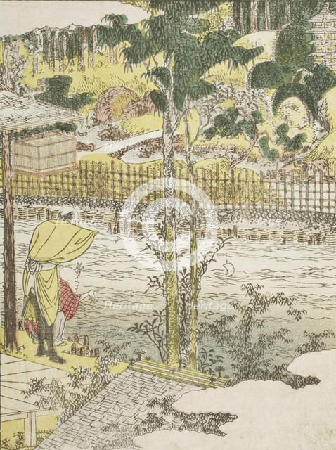 Untitled, river and temple, c1802. Creator: Hokusai.