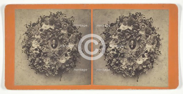 Untitled [wreath of roses with portrait photograph], 1879. Creator: Frank Lawrence.