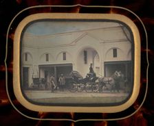 Untitled (Three Men and Horse-Drawn Carriage), 1856. Creator: Unknown
