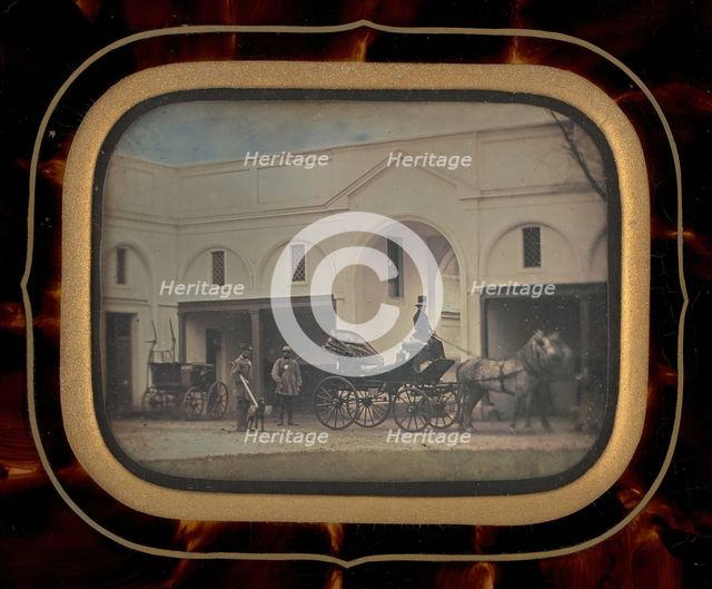Untitled (Three Men and Horse-Drawn Carriage), 1856. Creator: Unknown.