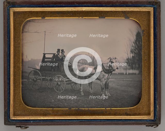 Untitled (Two Men with Top Hats atop a Horse-Drawn Carriage), 1850. Creator: Unknown.