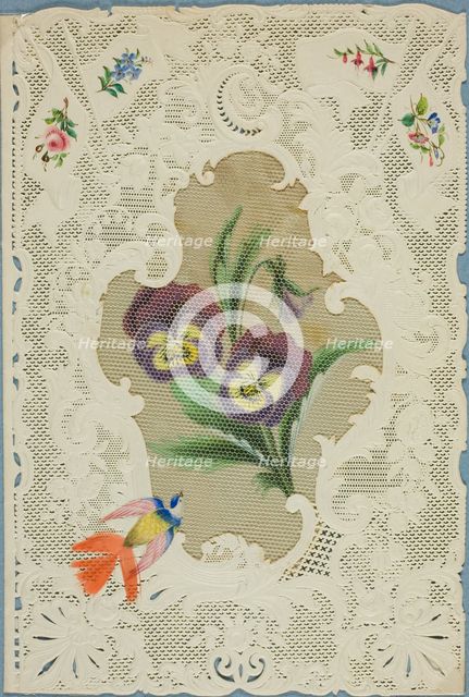Untitled Valentine (Large Purple and Yellow Flowers), 1815/30, inscribed 1865. Creator: Dobbs, Kidd & Co.