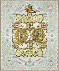 Untitled Valentine (Urn with Bird and Flowers in Wreaths of Gold Flowers), c. 1850. Creator: Unknown