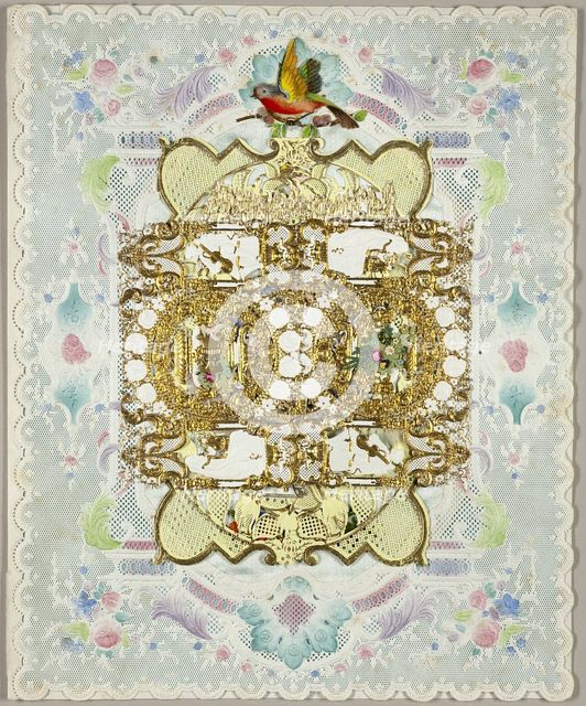 Untitled Valentine (Urn with Bird and Flowers in Wreaths of Gold Flowers), c. 1850. Creator: Unknown.