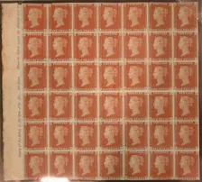 Unused block of forty-two "Penny Red-Brown" postage stamps of Queen Vi..., issued February 10, 1841. Creator: Unknown