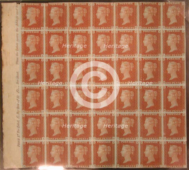 Unused block of forty-two "Penny Red-Brown" postage stamps of Queen Vi..., issued February 10, 1841. Creator: Unknown.