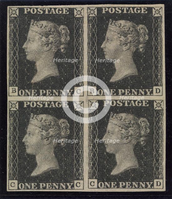 Unused block of four "Penny Black" postage stamps of Queen Victoria, issued ..., issued May 6, 1840. Creator: Unknown.