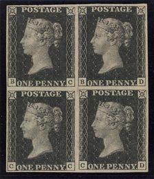 Unused block of four "Penny Black" postage stamps of Queen Victoria, issued ..., issued May 6, 1840. Creator: Unknown