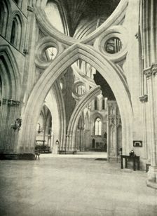 Unusual Arches in Wells Cathedral - meet to form a St. Andrew's Cross and were so built in 1338 to Creator: Unknown