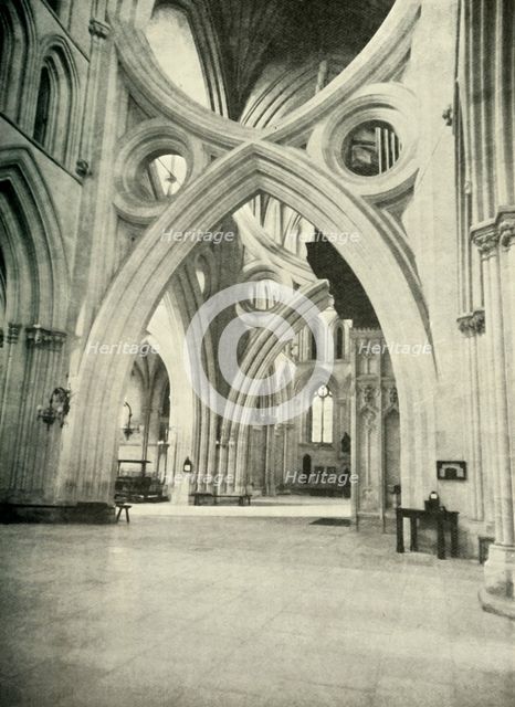'Unusual Arches in Wells Cathedral - meet to form a St. Andrew's Cross and were so built in 1338 to  Creator: Unknown.