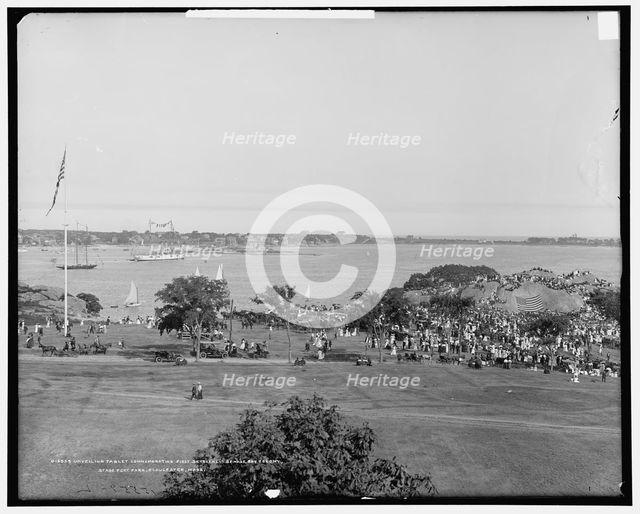 Unveiling tablet commemorating first settlement of Mass. Bay Colony, Stage Fort Park..., c1900-1907. Creator: Unknown.