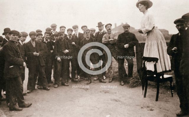 Una Dugdale, British suffragette, campaigning at the Newcastle by-election, September 1908. Artist: Unknown