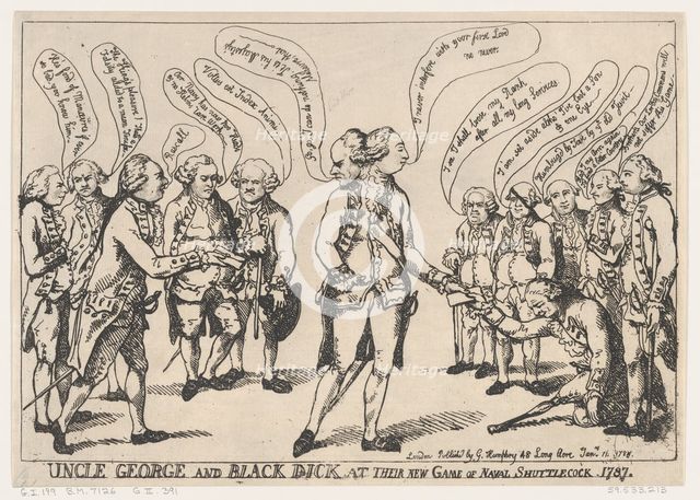 Uncle George and Black Dick at their New Game of Naval Shuttlecock, January 11..., January 11, 1787. Creator: Thomas Rowlandson.