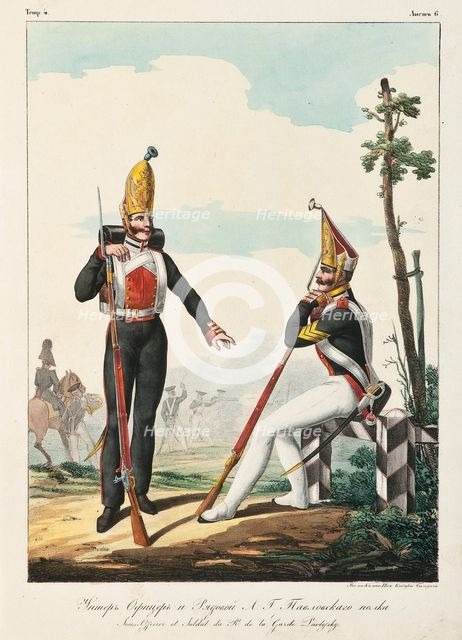 Under Officer and Soldier of the Pavlovsky Guard Regiment, 1830-1840s. Artist: Belousov, Lev Alexandrovich (1806-1864)