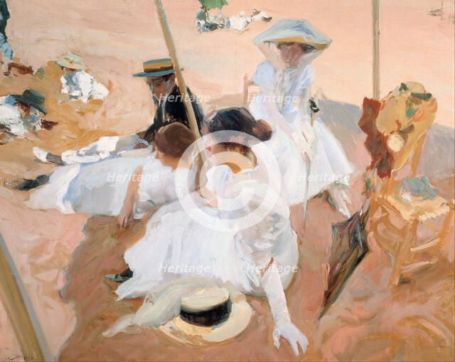 Under the awning, on the Beach at Zarautz. Artist: Sorolla y Bastida, Joaquín (1863-1923)