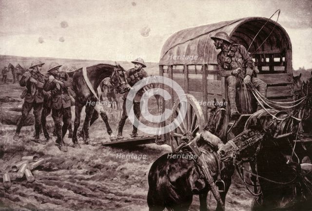 'Under the Blue Cross: Wounded Horses Being Conveyed to the Veterinary Hospital', 1917. Creator: Unknown.