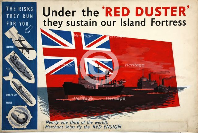 'Under the 'Red Duster they sustain our Island Fortres...', WWII poster, between 1939 and 1946. Creator: Central Office of Information.