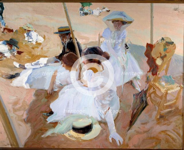  'Under the sunshade', Zarauz 1910, Joaquín Sorolla Oil.