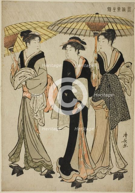 Under Umbrellas in a Shower, from the series "A Brocade of Eastern Manners (Fuzoku...", c1783/84. Creator: Torii Kiyonaga.