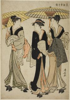 Under Umbrellas in a Shower, from the series "A Brocade of Eastern Manners (Fuzoku...", c1783/84. Creator: Torii Kiyonaga