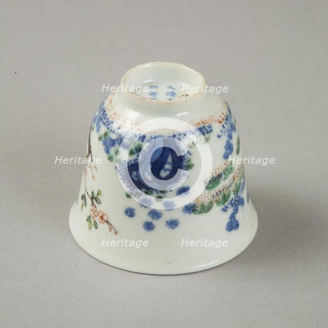 Underglaze blue month cup with polychrome enamelled decoration of a prunus tree. Artist: Unknown.