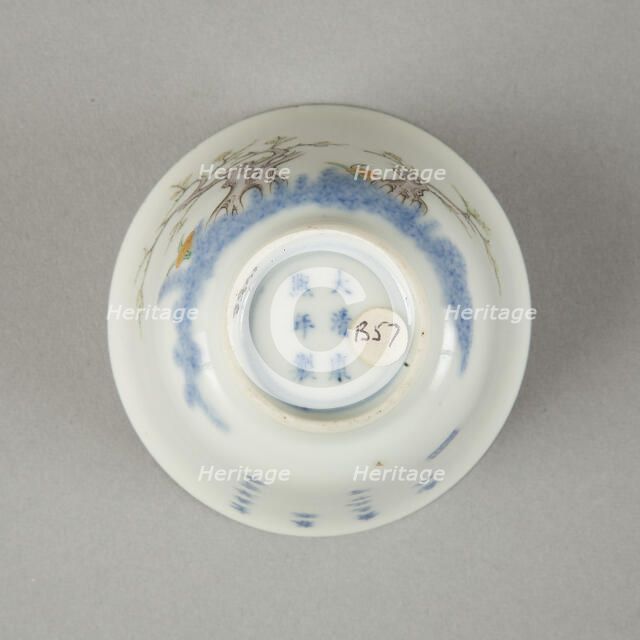 Underglaze blue month cup with polychrome enamelled decoration of a prunus tree. Artist: Unknown.