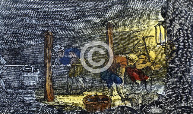 Underground scene in a coal mine in the Newcastle-upon-Tyne area of England, 1823. Artist: Unknown
