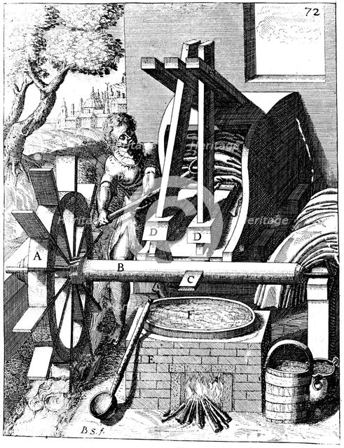 Undershot water wheel powering a fulling mill, Copperplate Engraving, 1673. Artist: Georg Andreas Bockler