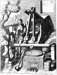 Undershot water wheel powering a fulling mill, Copperplate Engraving, 1673. Artist: Georg Andreas Bockler
