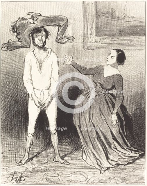 Une femme comme moi...remettre un bouton?..., 1844.  Creator: Honore Daumier.