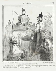 Une Réflection à Lonchamp. Faut-il qu'elle ait chagriné pauvres domestiques pour leur faire..., 1865 Creator: Cham