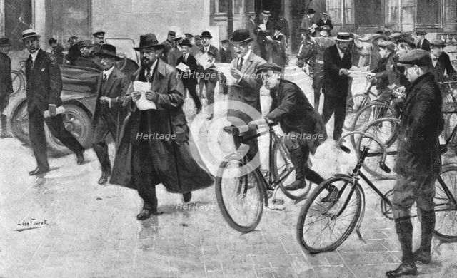 'Une scene quotidienne du temps de guerre; La distribution du communique de 15 heures', 1916. Creator: Leon Fauret.