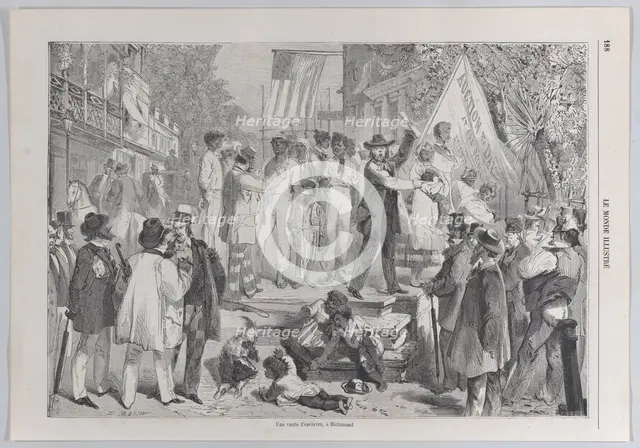 Une vente d'esclaves, à Richmond (A Slave Auction at Richmond), from "Le Monde I..., March 23, 1861. Creator: Bourcier.