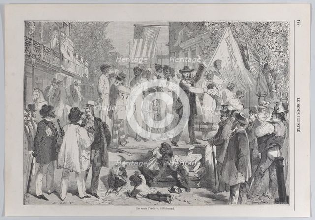 Une vente d'esclaves, à Richmond (A Slave Auction at Richmond), from "Le Monde I..., March 23, 1861. Creator: Bourcier.