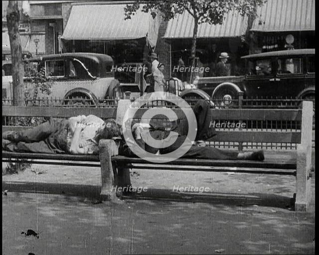 Unemployed People Lying On a Bench, 1932. Creator: British Pathe Ltd.