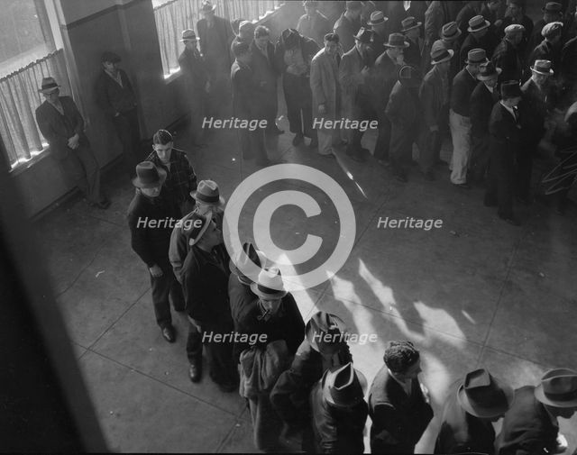 Unemployment benefits aid begins, State Employment Service office, San Francisco, California, 1938. Creator: Dorothea Lange.